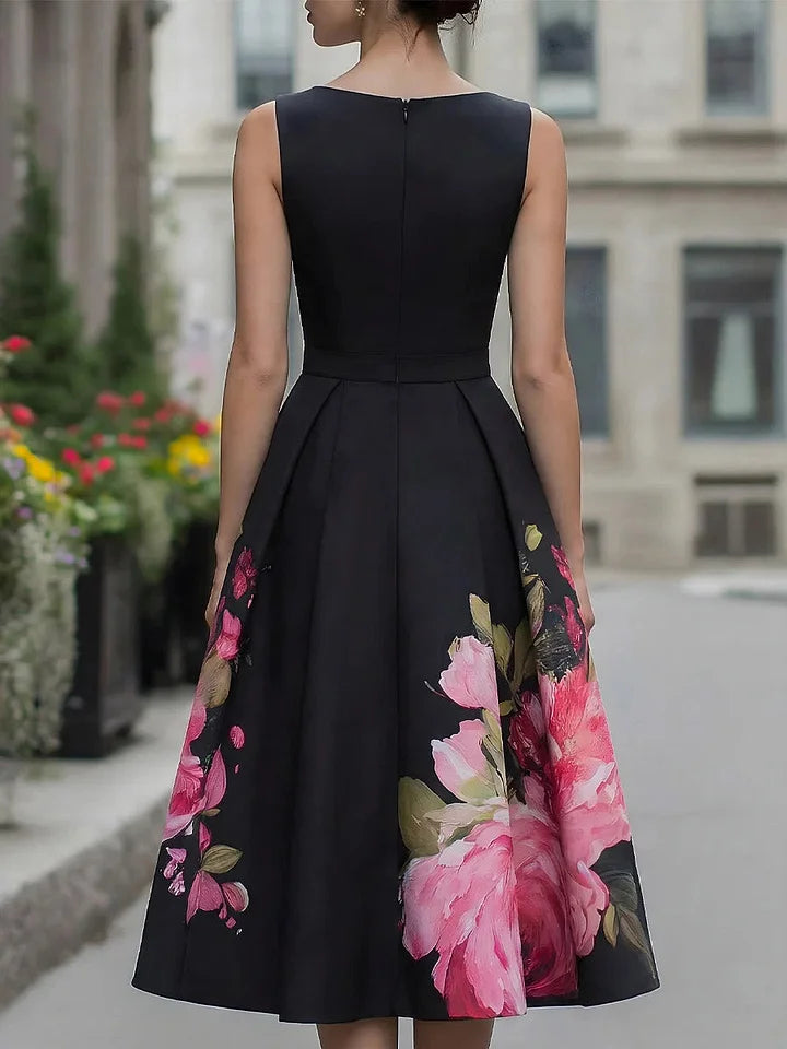 Xavia - Vestido midi elegante de corte entallado y falda amplia con estampado floral