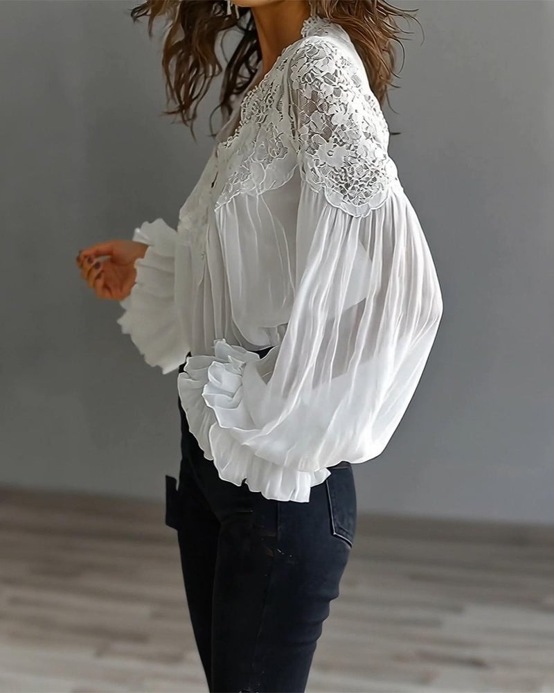 Celinrae - Blusa de encaje de manga larga con escote en V