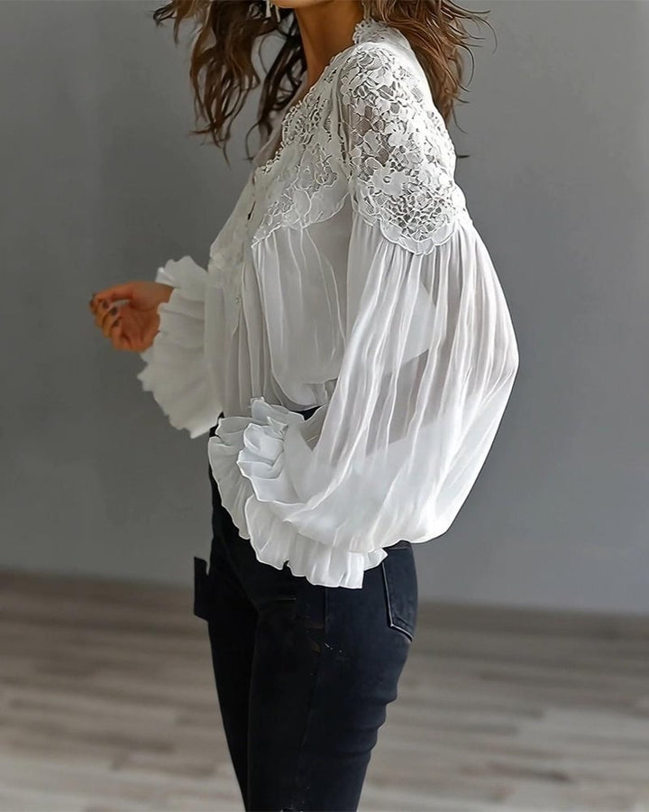 Celinrae - Blusa de encaje de manga larga con escote en V
