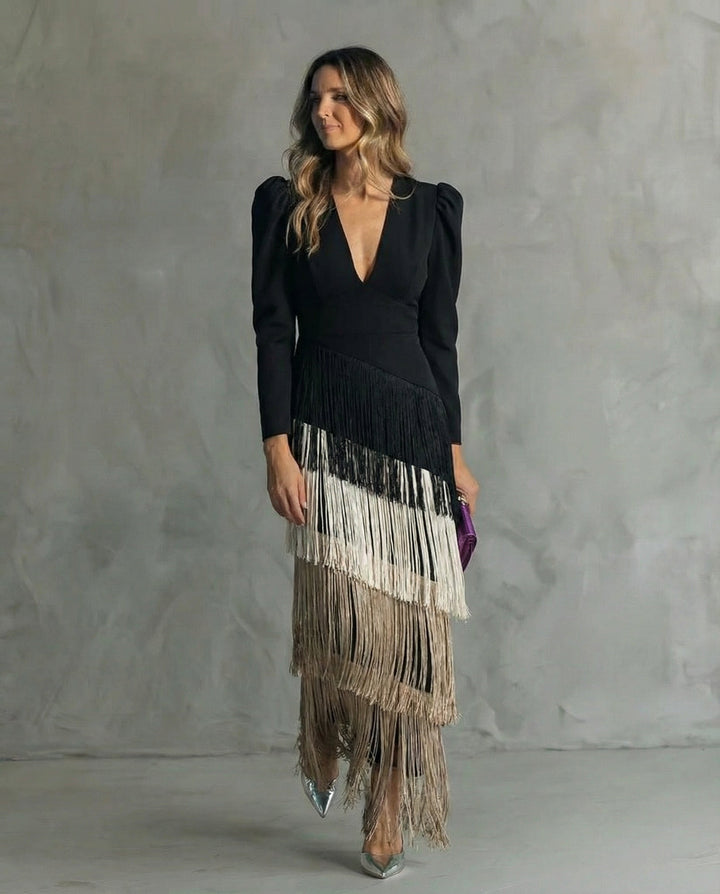 Serenva - Vestido midi elegante con flecos en las mangas