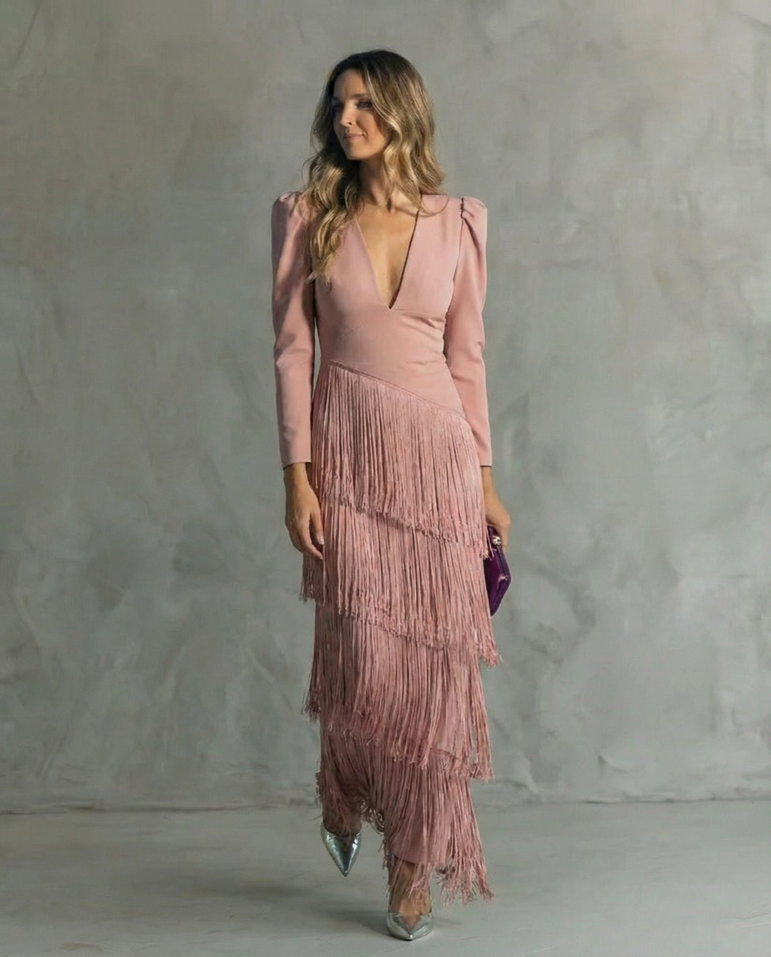 Serenva - Vestido midi elegante con flecos en las mangas