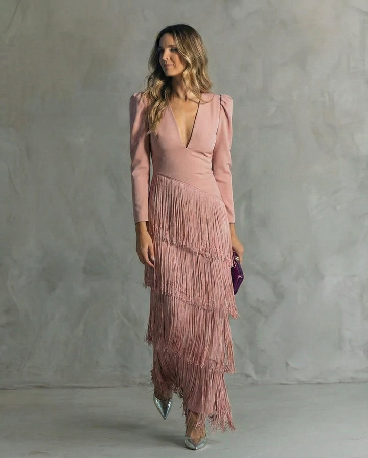 Serenva - Vestido midi elegante con flecos en las mangas
