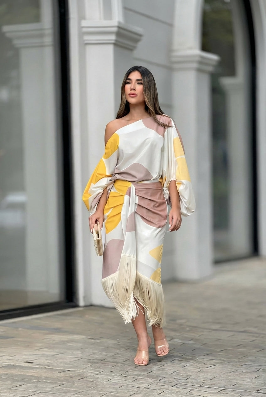 Valira - Vestido midi de un solo hombro con flecos