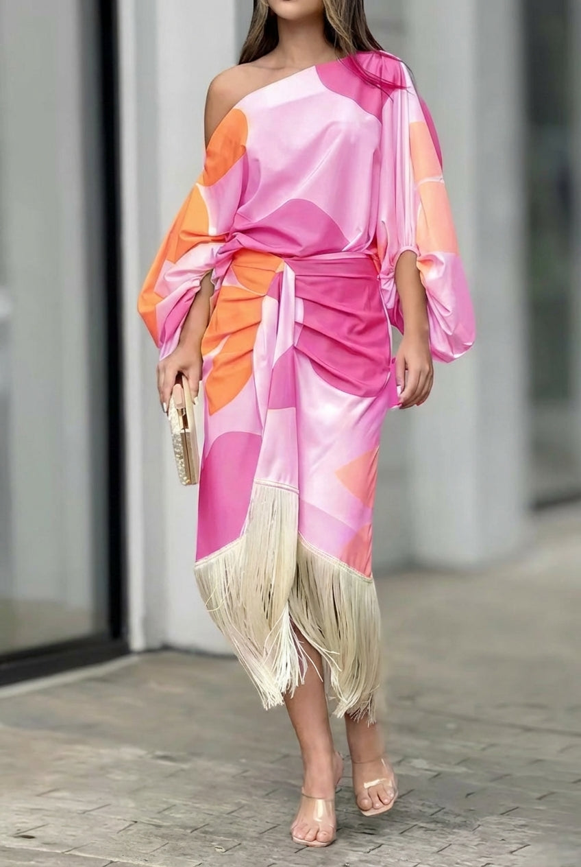 Valira - Vestido midi de un solo hombro con flecos