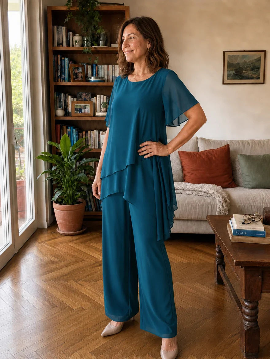Dahlia - Conjunto de top de gasa con capas y pantalón de pierna ancha