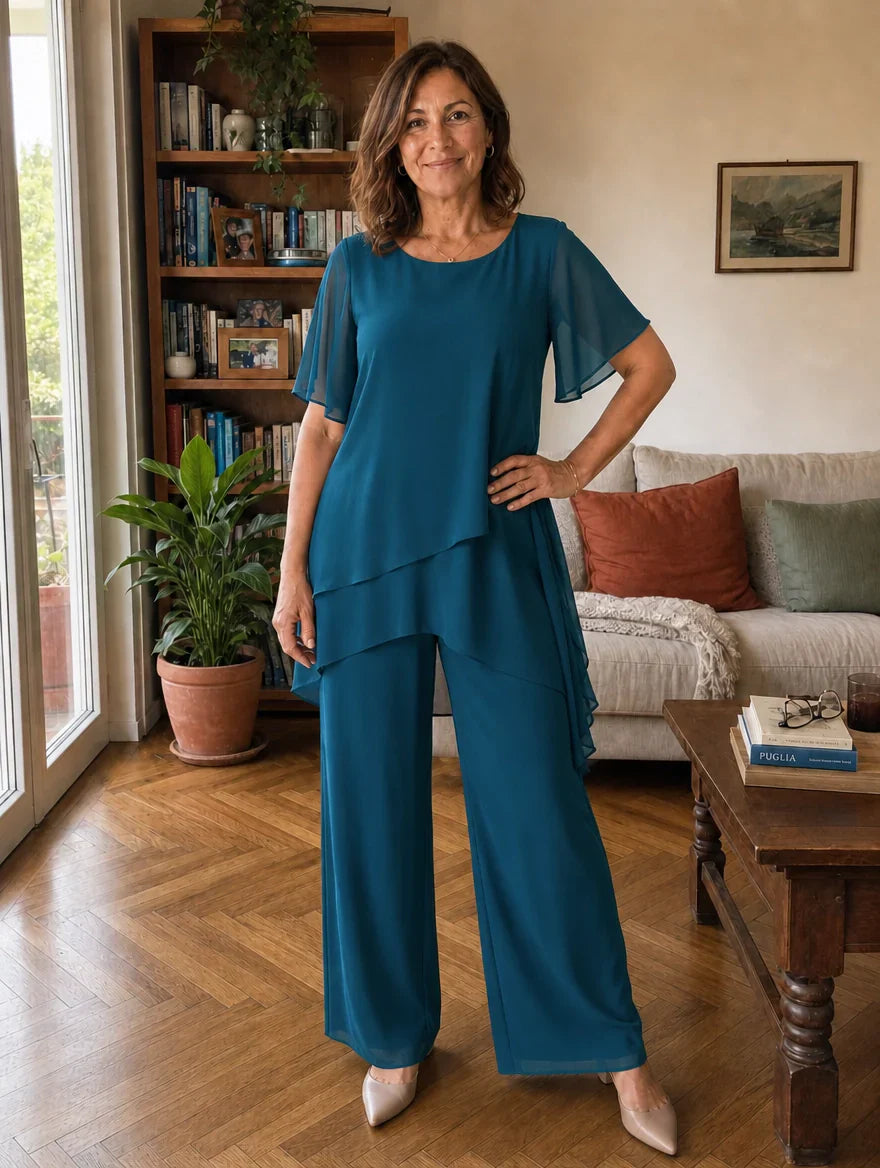 Dahlia - Conjunto de top de gasa con capas y pantalón de pierna ancha