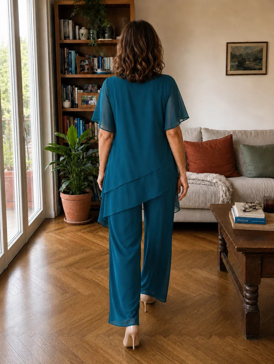 Dahlia - Conjunto de top de gasa con capas y pantalón de pierna ancha
