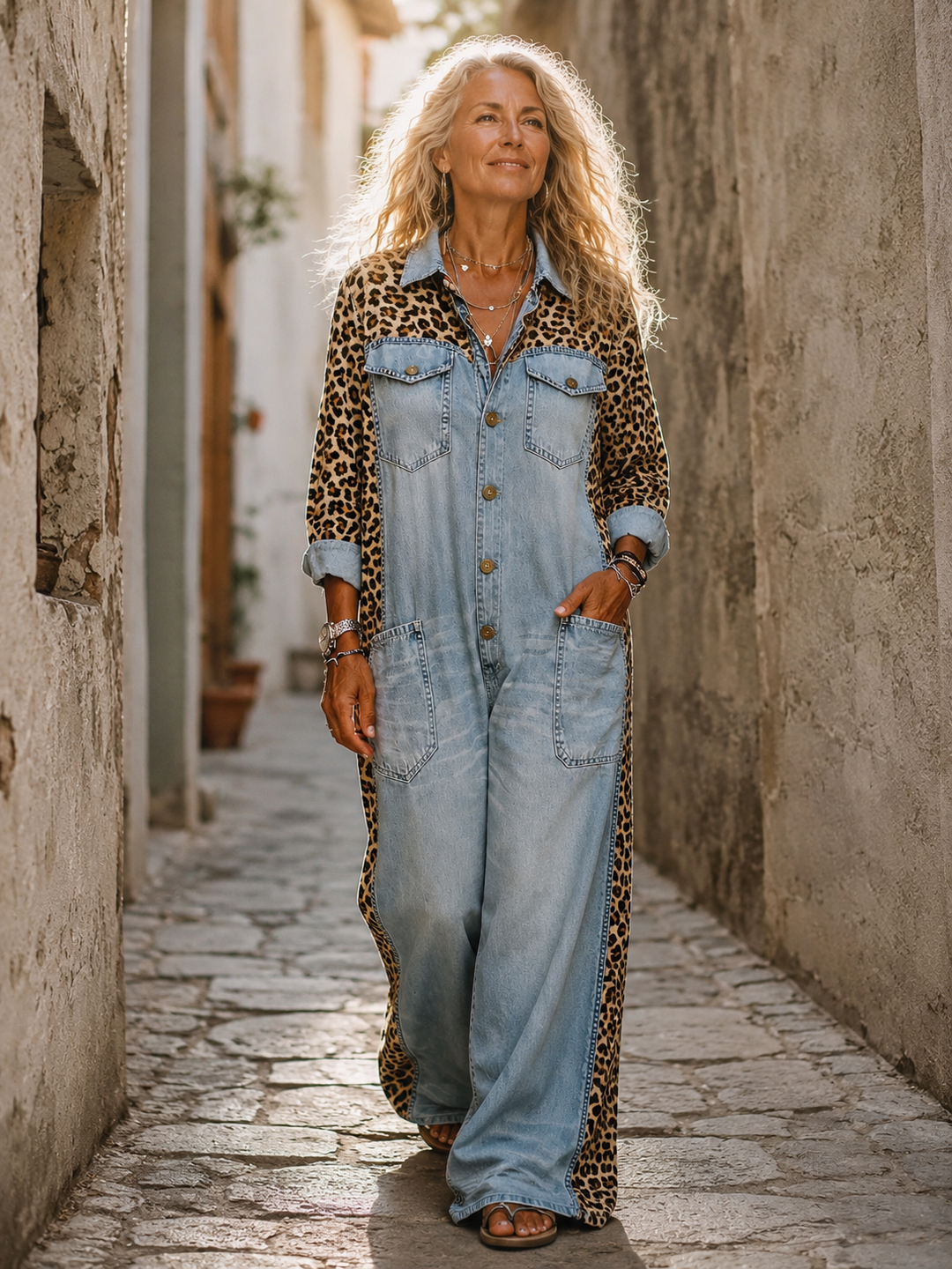 Annalise - Enterizo de mezclilla de pierna ancha con panel de leopardo