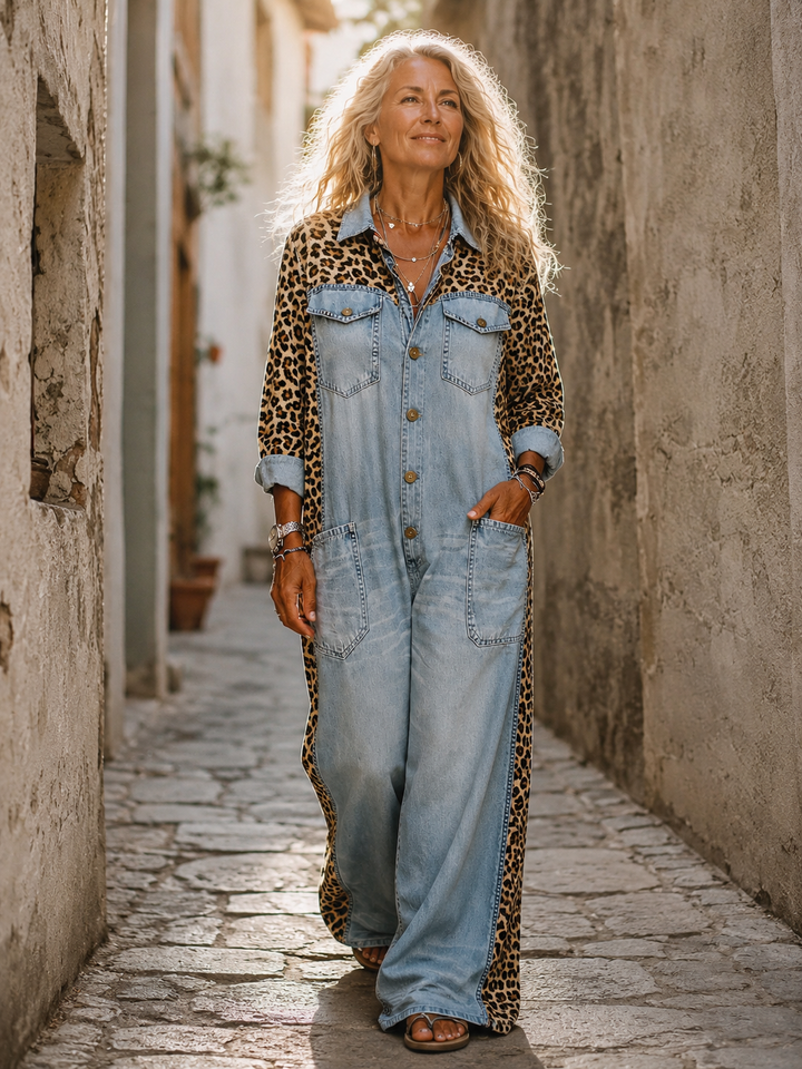 Annalise - Enterizo de mezclilla de pierna ancha con panel de leopardo