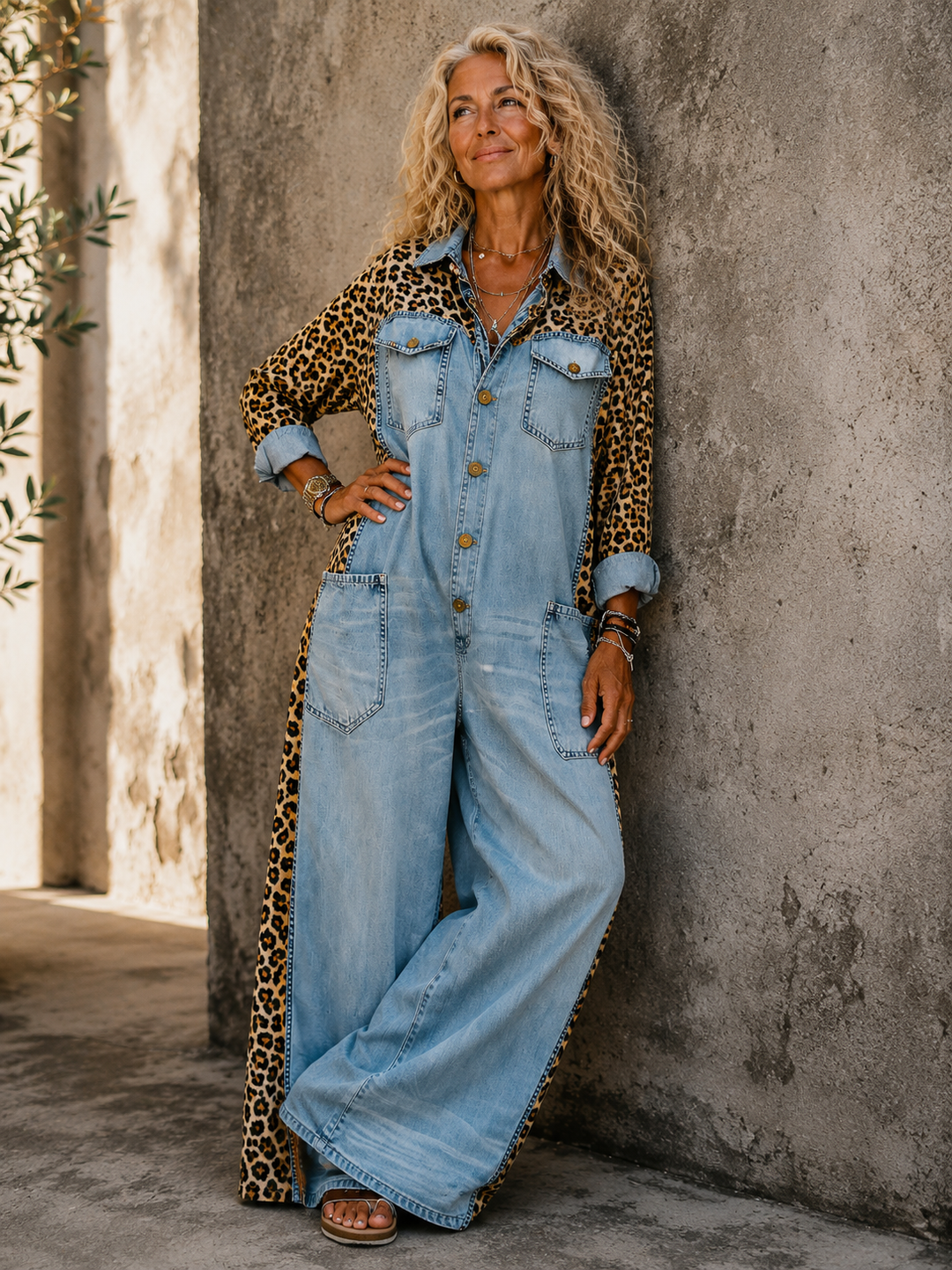 Annalise - Enterizo de mezclilla de pierna ancha con panel de leopardo