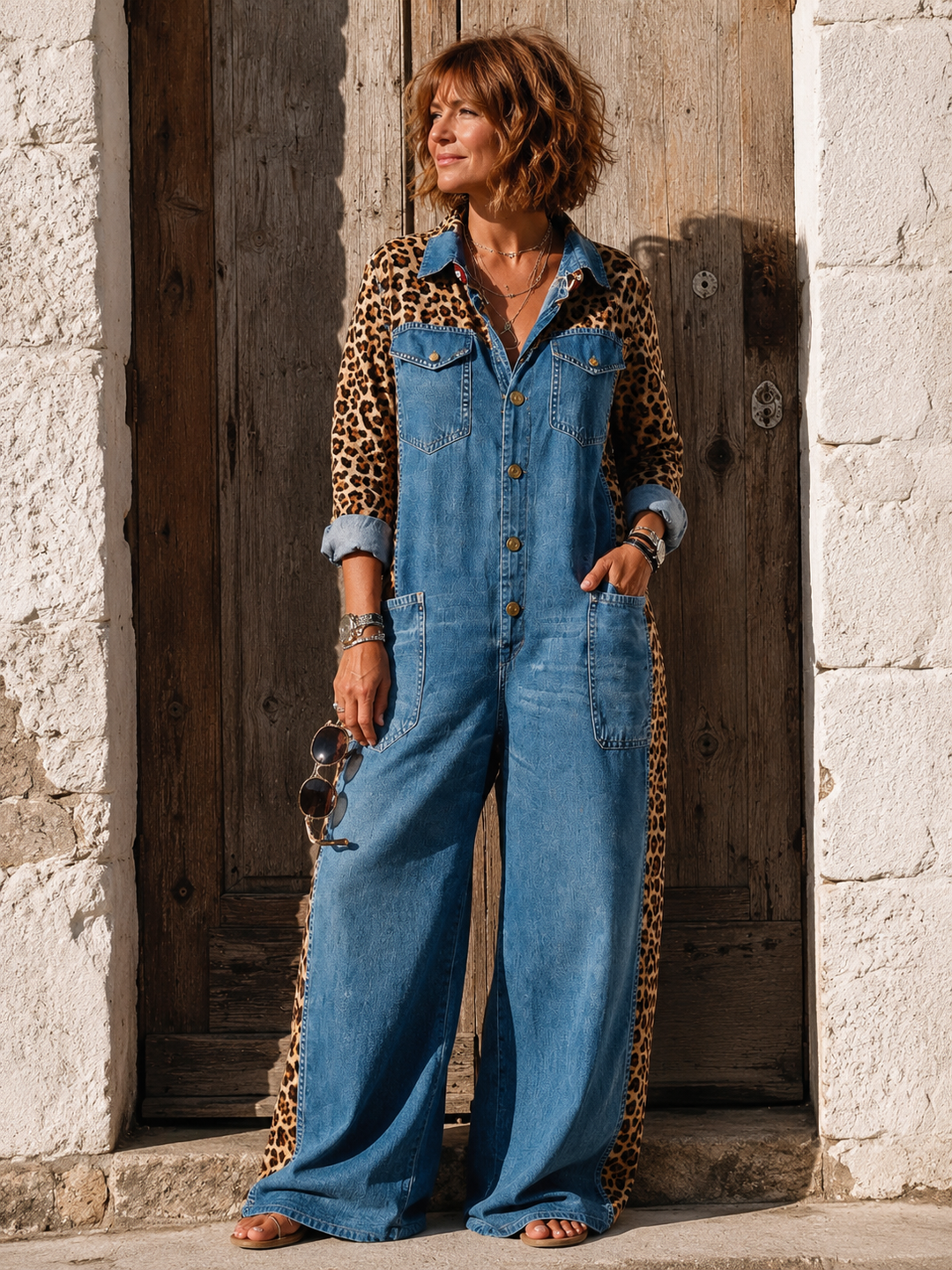 Annalise - Enterizo de mezclilla de pierna ancha con panel de leopardo