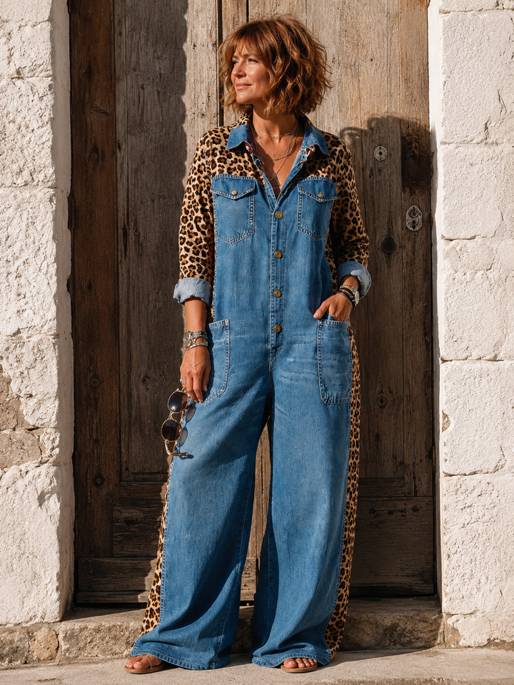 Annalise - Enterizo de mezclilla de pierna ancha con panel de leopardo