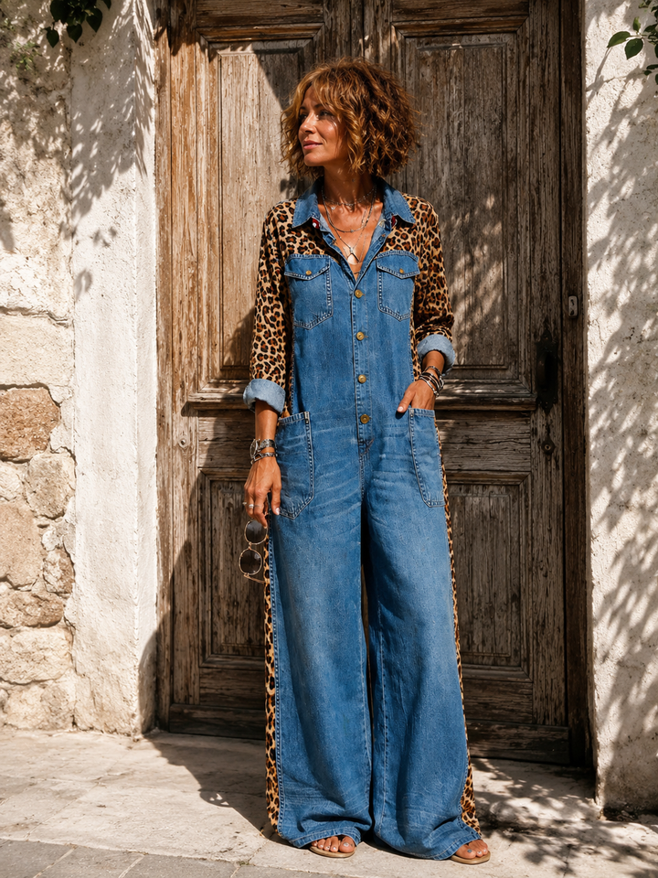 Annalise - Enterizo de mezclilla de pierna ancha con panel de leopardo