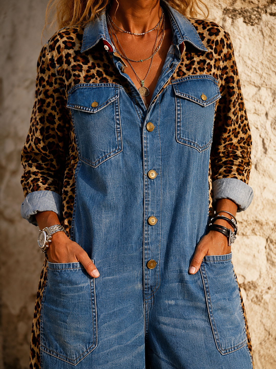 Annalise - Enterizo de mezclilla de pierna ancha con panel de leopardo