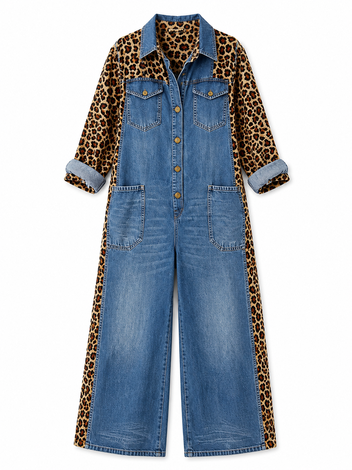 Annalise - Enterizo de mezclilla de pierna ancha con panel de leopardo
