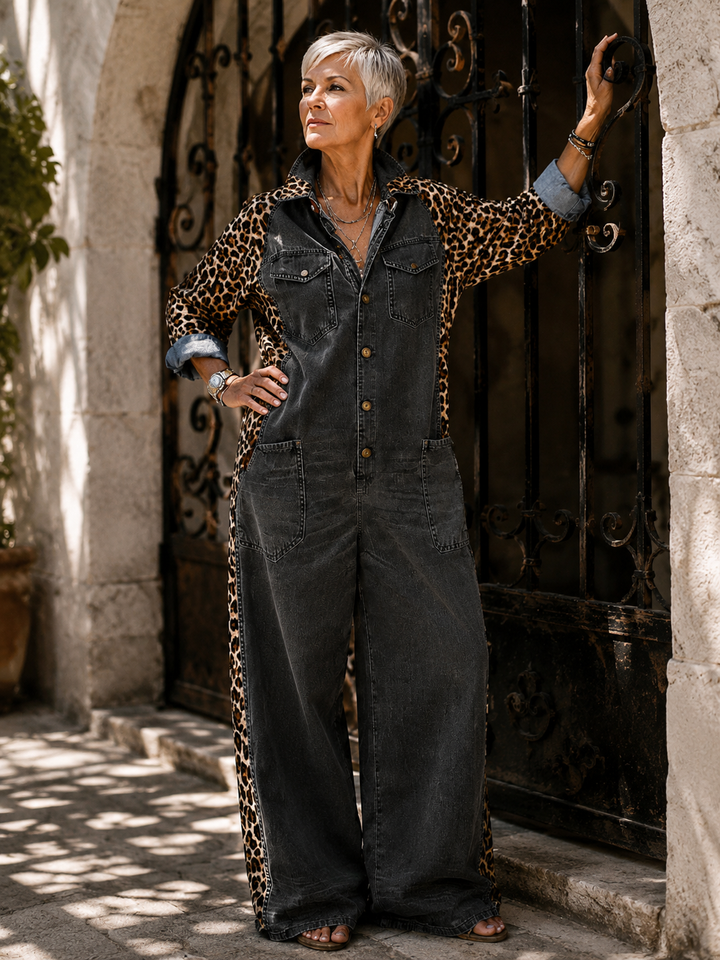 Annalise - Enterizo de mezclilla de pierna ancha con panel de leopardo