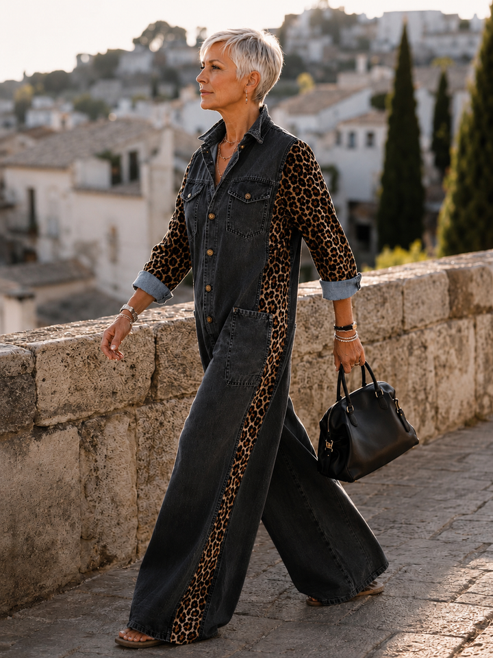 Annalise - Enterizo de mezclilla de pierna ancha con panel de leopardo