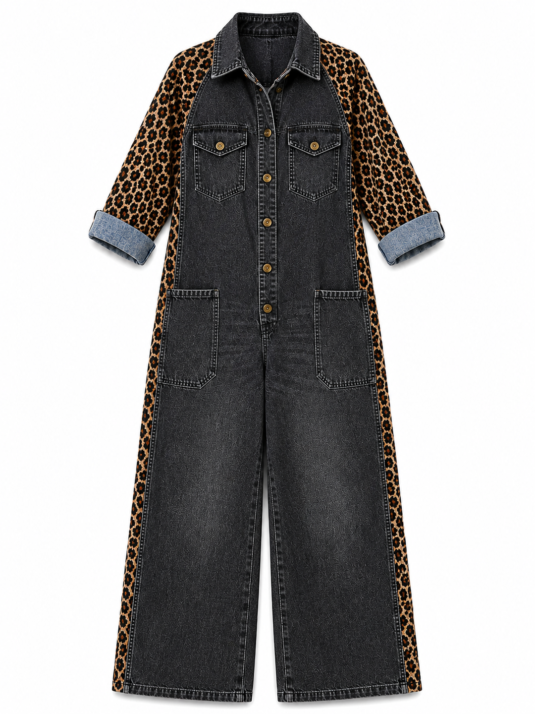 Annalise - Enterizo de mezclilla de pierna ancha con panel de leopardo