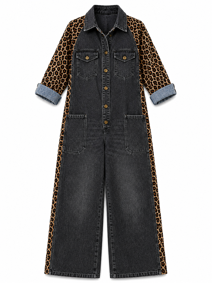 Annalise - Enterizo de mezclilla de pierna ancha con panel de leopardo