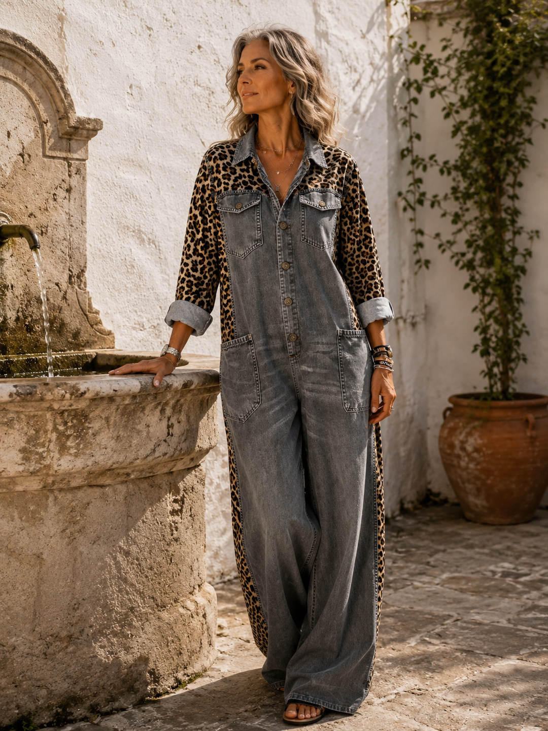 Annalise - Enterizo de mezclilla de pierna ancha con panel de leopardo