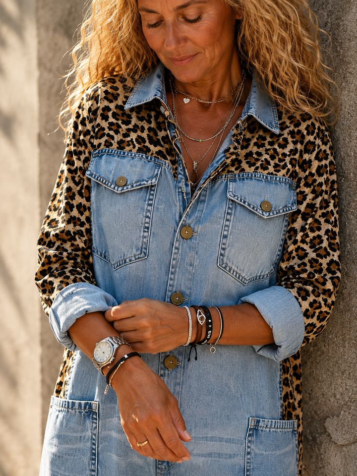 Annalise - Enterizo de mezclilla de pierna ancha con panel de leopardo
