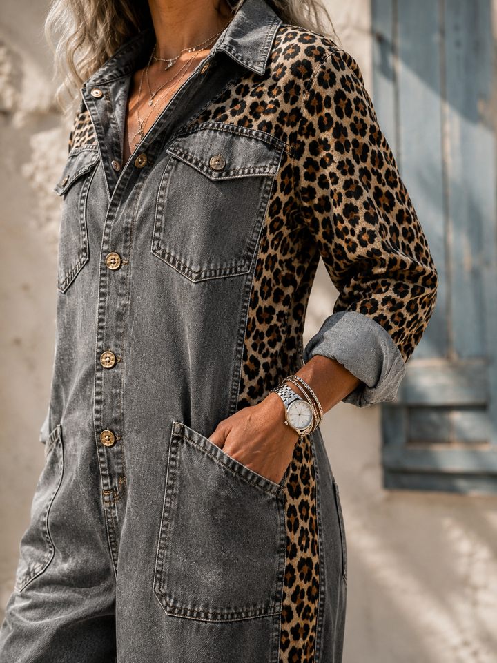 Annalise - Enterizo de mezclilla de pierna ancha con panel de leopardo