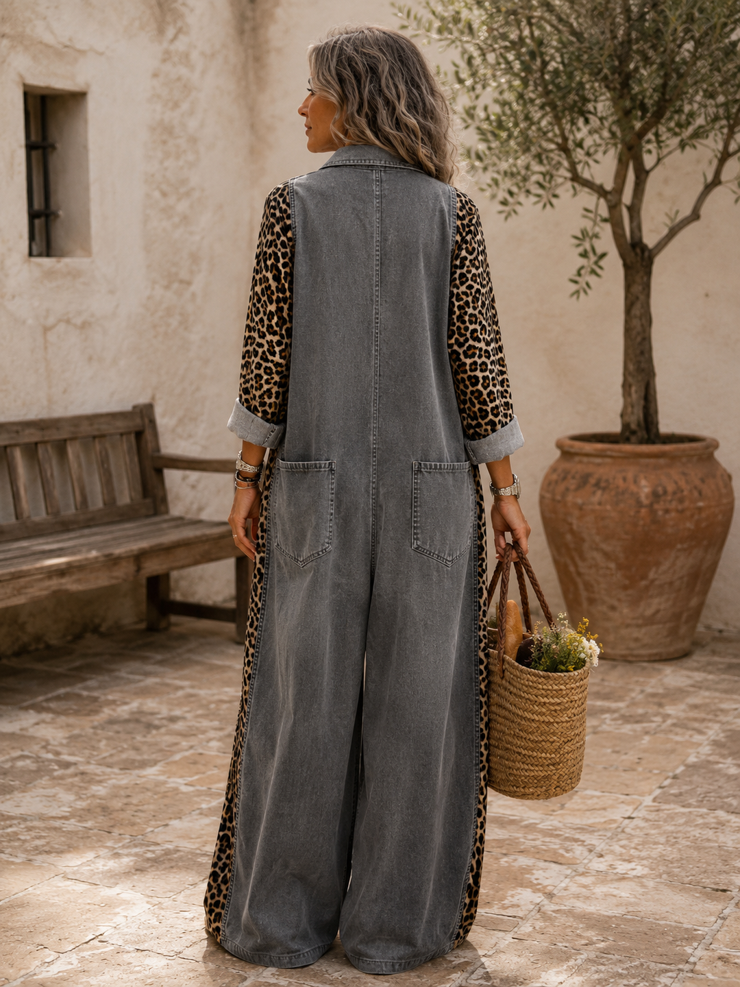 Annalise - Enterizo de mezclilla de pierna ancha con panel de leopardo