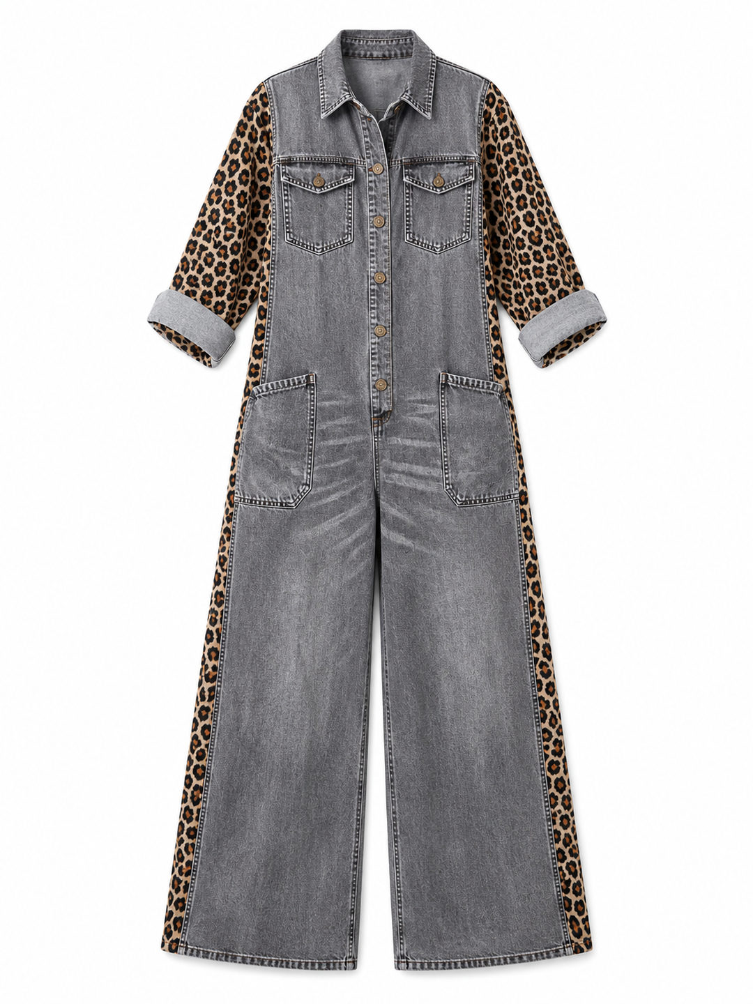 Annalise - Enterizo de mezclilla de pierna ancha con panel de leopardo