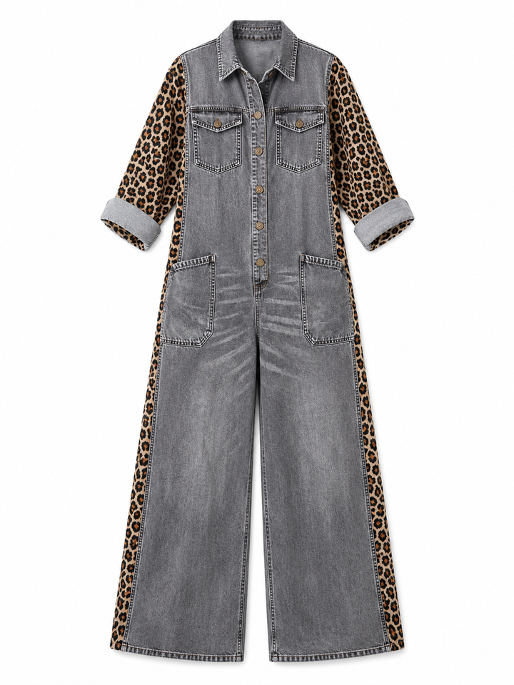 Annalise - Enterizo de mezclilla de pierna ancha con panel de leopardo
