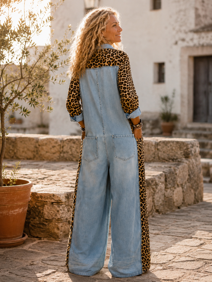 Annalise - Enterizo de mezclilla de pierna ancha con panel de leopardo