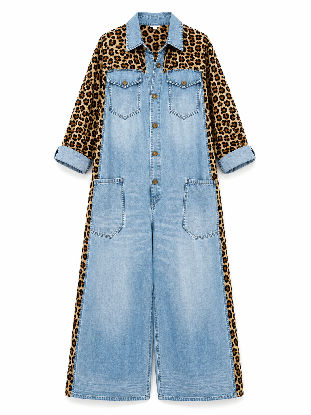 Annalise - Enterizo de mezclilla de pierna ancha con panel de leopardo