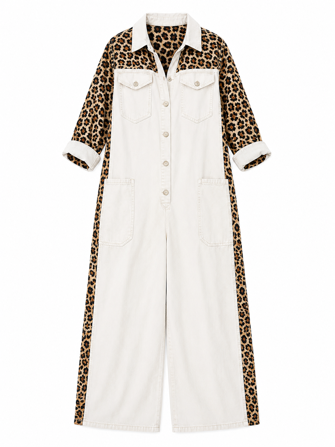 Annalise - Enterizo de mezclilla de pierna ancha con panel de leopardo