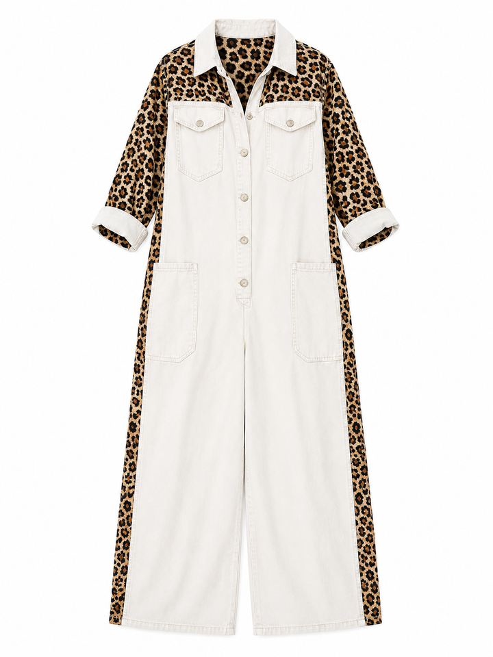 Annalise - Enterizo de mezclilla de pierna ancha con panel de leopardo