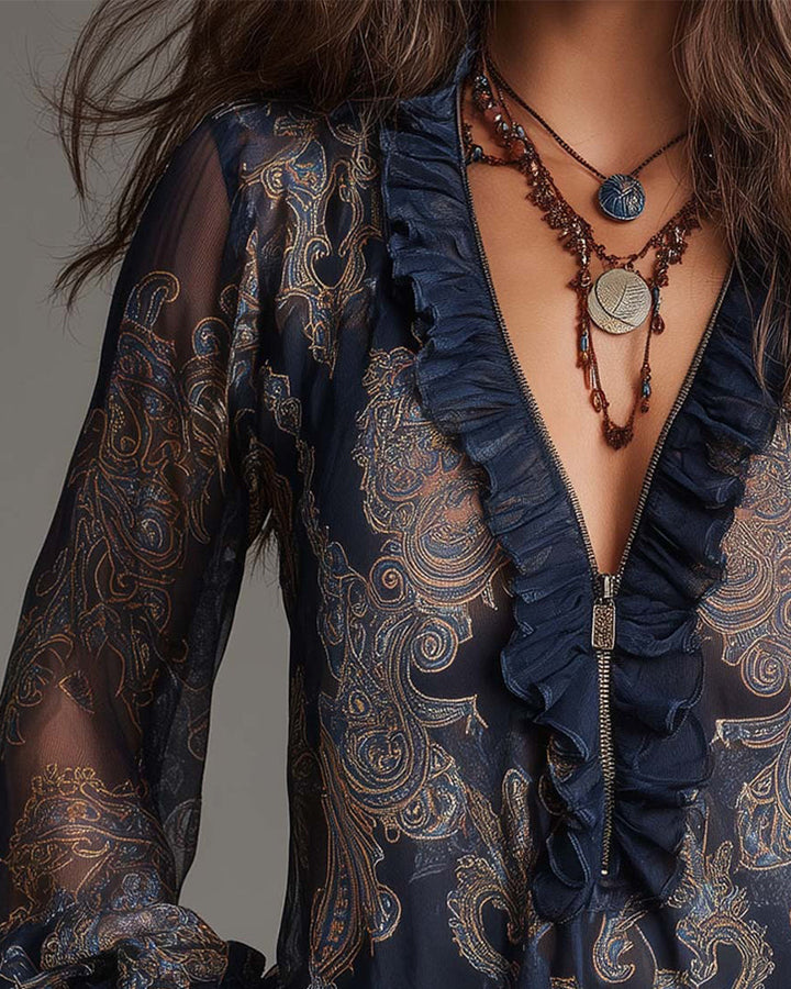 Norayi - Blusa con mangas con olanes y escote en V de tacto suave