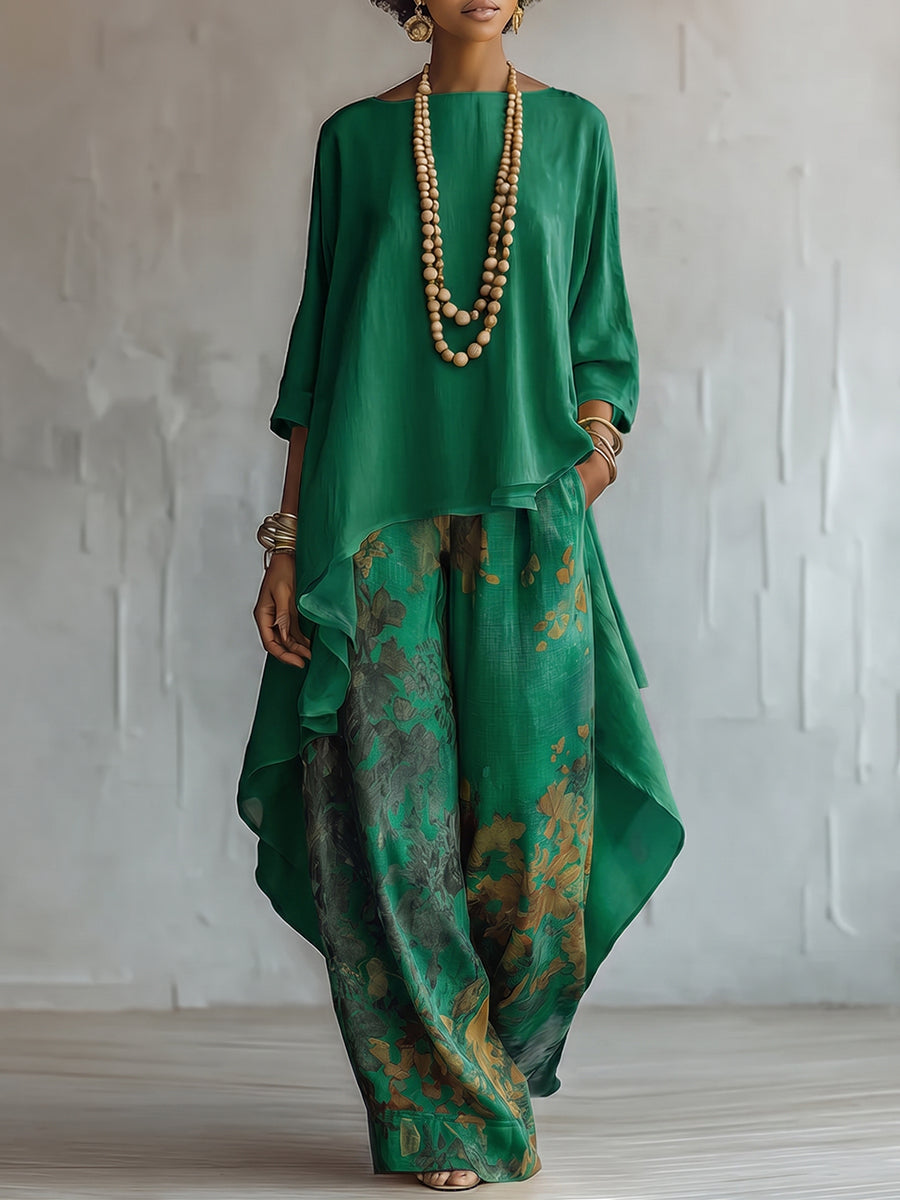 Zafira - Conjunto de túnica fluida y pantalón ancho estampado