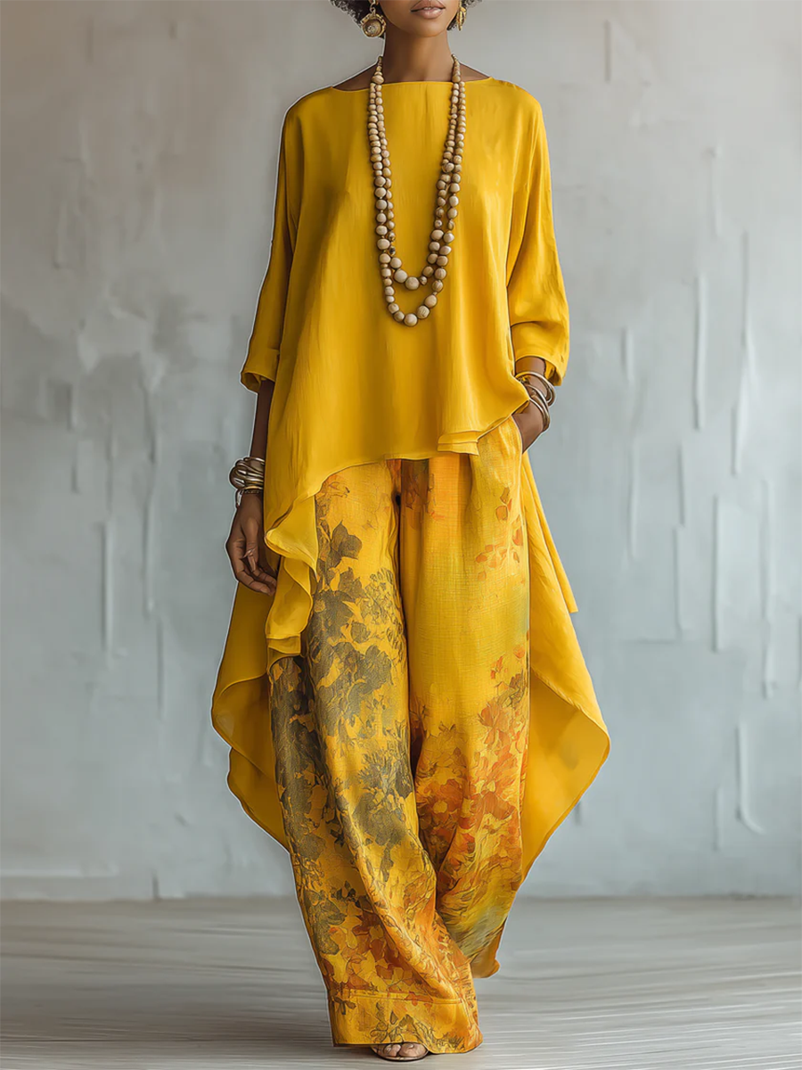 Zafira - Conjunto de túnica fluida y pantalón ancho estampado