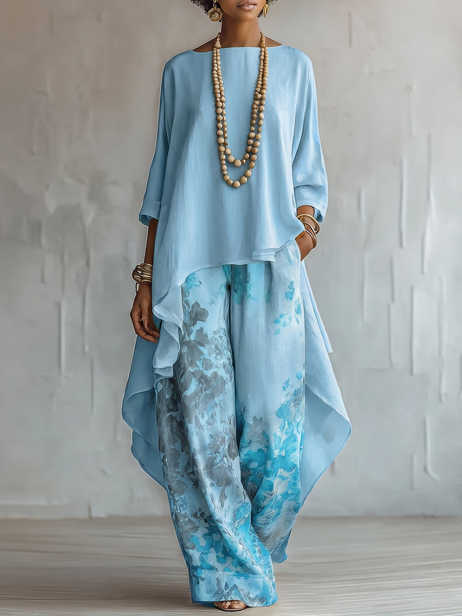 Zafira - Conjunto de túnica fluida y pantalón ancho estampado