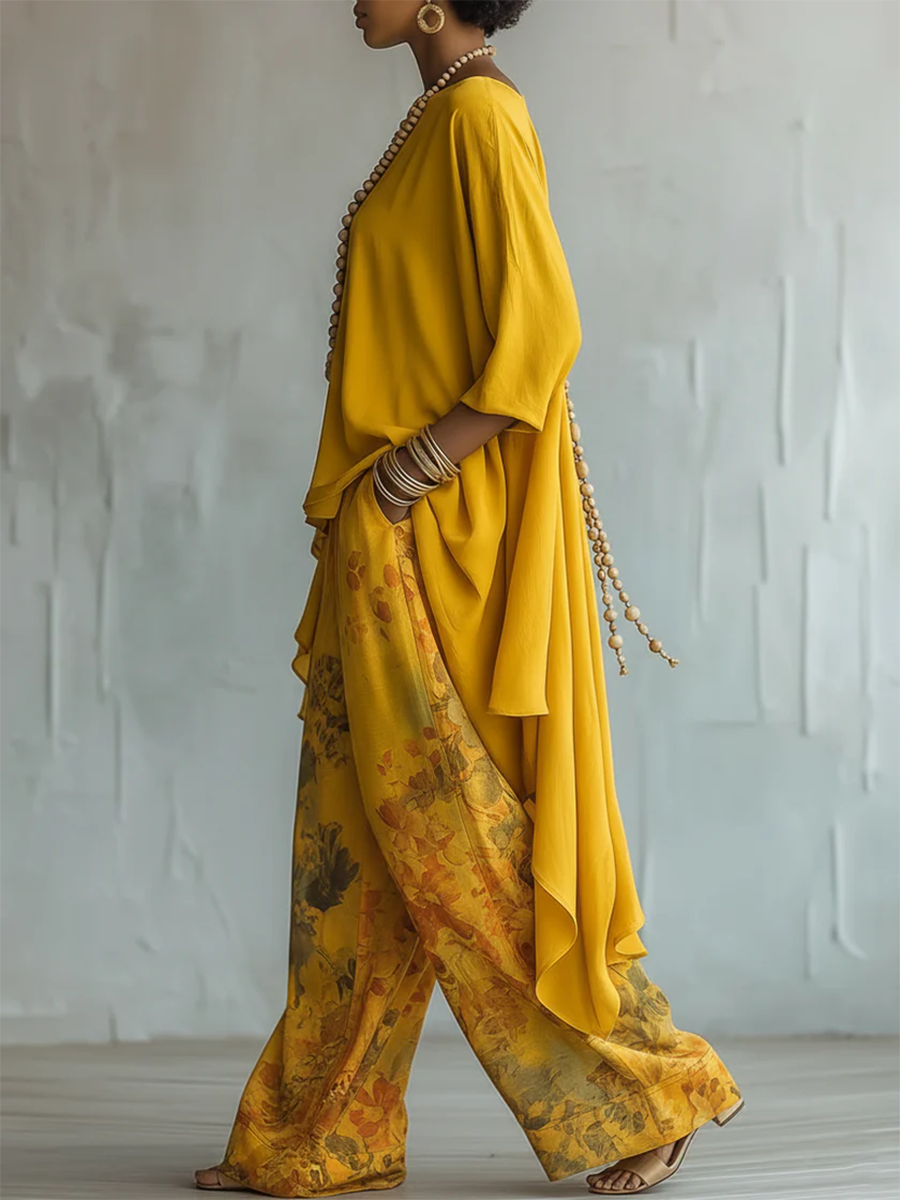 Zafira - Conjunto de túnica fluida y pantalón ancho estampado