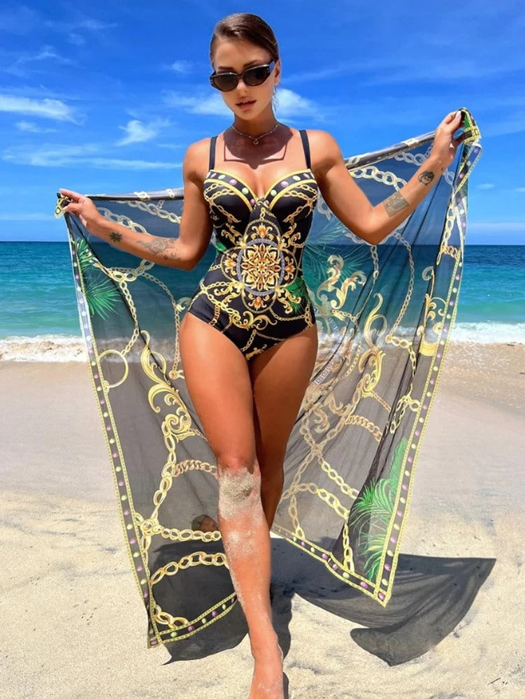 Diana - Conjunto de traje de baño de una pieza con push up y salida de baño a juego