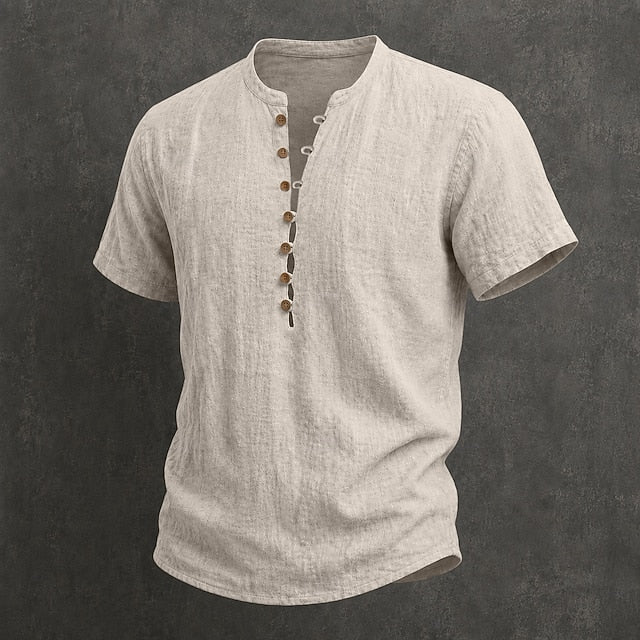 Fulton - Camisa de lino premium de manga corta con cuello mao
