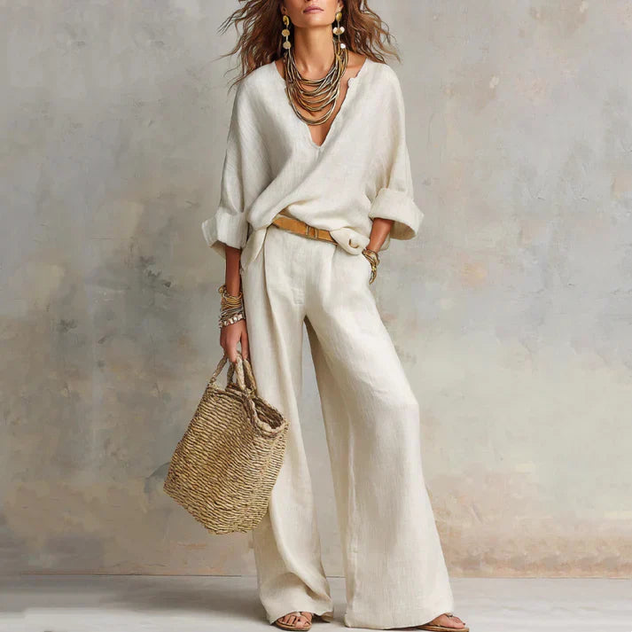 Zelora - Conjunto con top ligero de escote en V y pantalón de pierna ancha