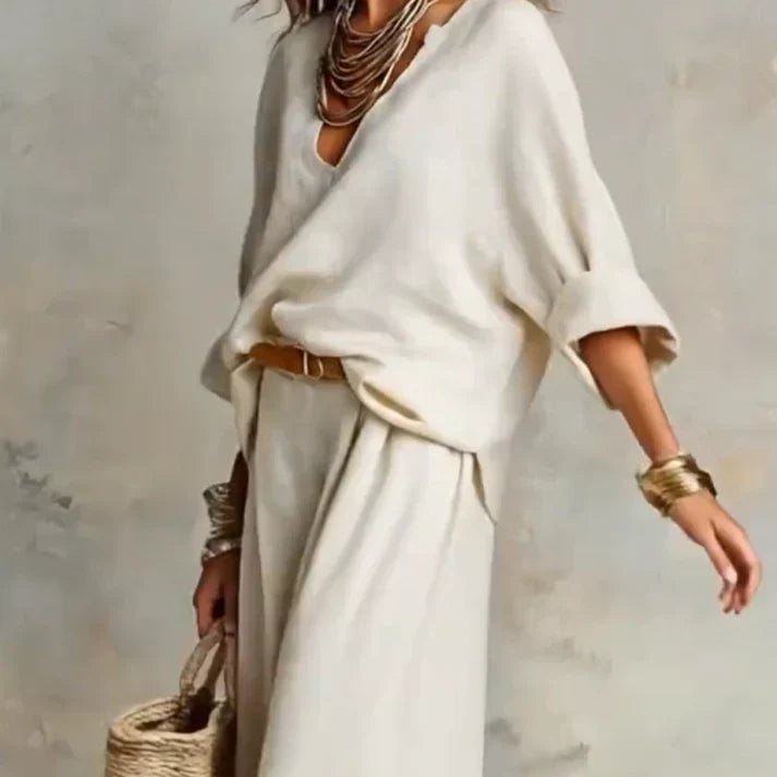 Zelora - Conjunto con top ligero de escote en V y pantalón de pierna ancha