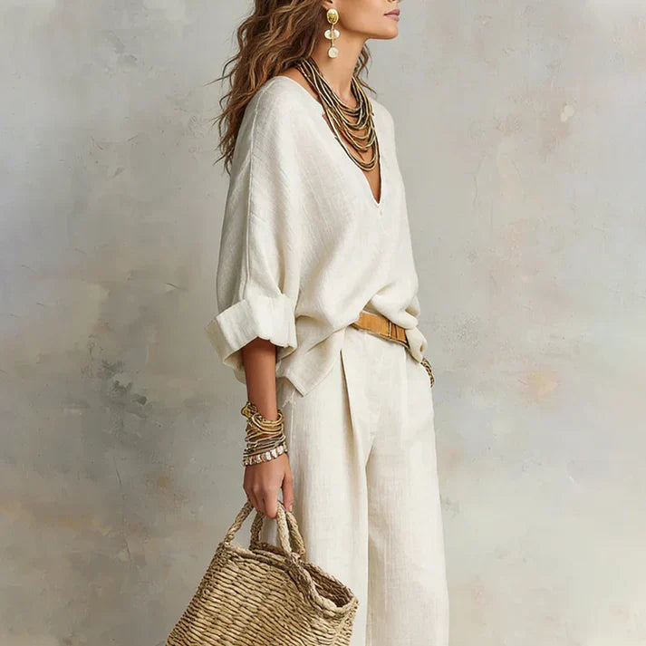Zelora - Conjunto con top ligero de escote en V y pantalón de pierna ancha