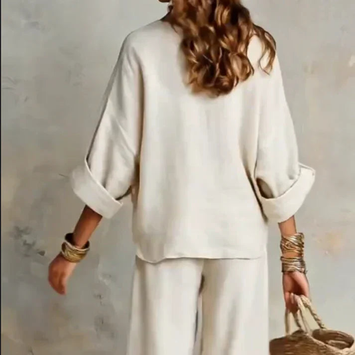 Zelora - Conjunto con top ligero de escote en V y pantalón de pierna ancha