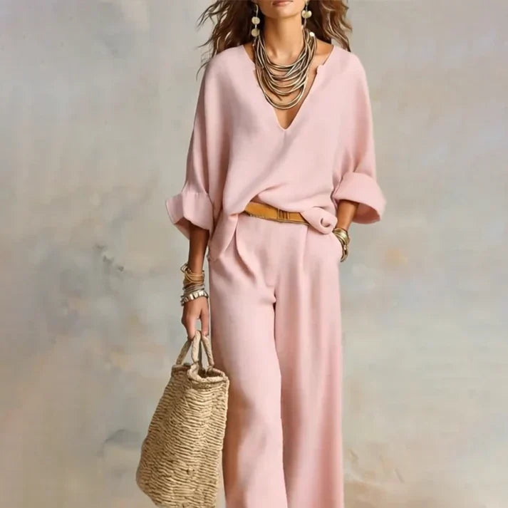 Zelora - Conjunto con top ligero de escote en V y pantalón de pierna ancha