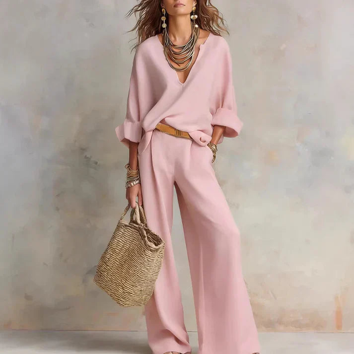 Zelora - Conjunto con top ligero de escote en V y pantalón de pierna ancha